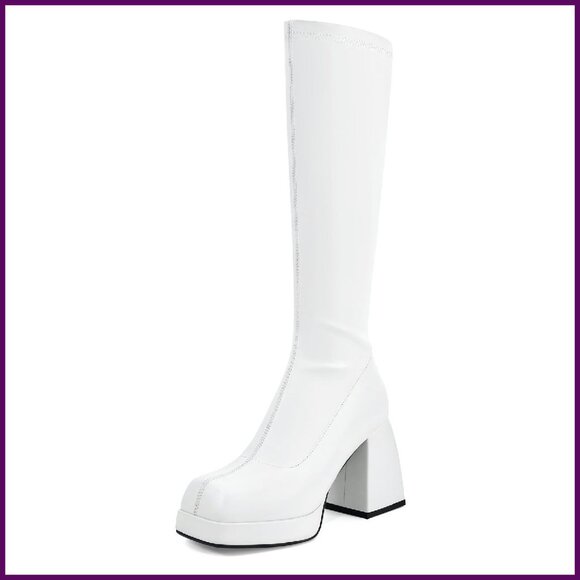 Black Leather Platform Boots Women Square Toe Chunky Heel Side Zip